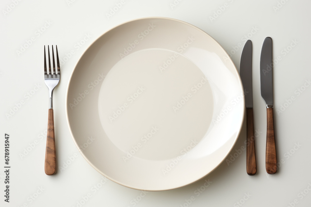 A plain ceramic plate and cutlery set, awaiting custom designs for a unique dining experience. Generative Ai. A plain ceramic plate and cutlery set, awaiting custom designs for a unique dining experience. Generative Ai.