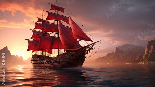 Ship with scarlet sails high resolution beautiful image Ai generated art