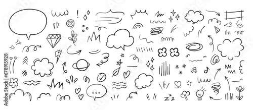 Cute pen line doodle element vector. Hand drawn doodle style collection of speech bubble, arrow,