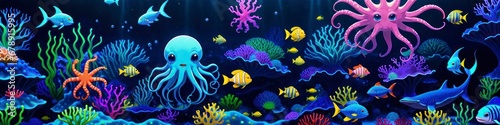 Abstract children banner inhabitants of underwater world, background for your design