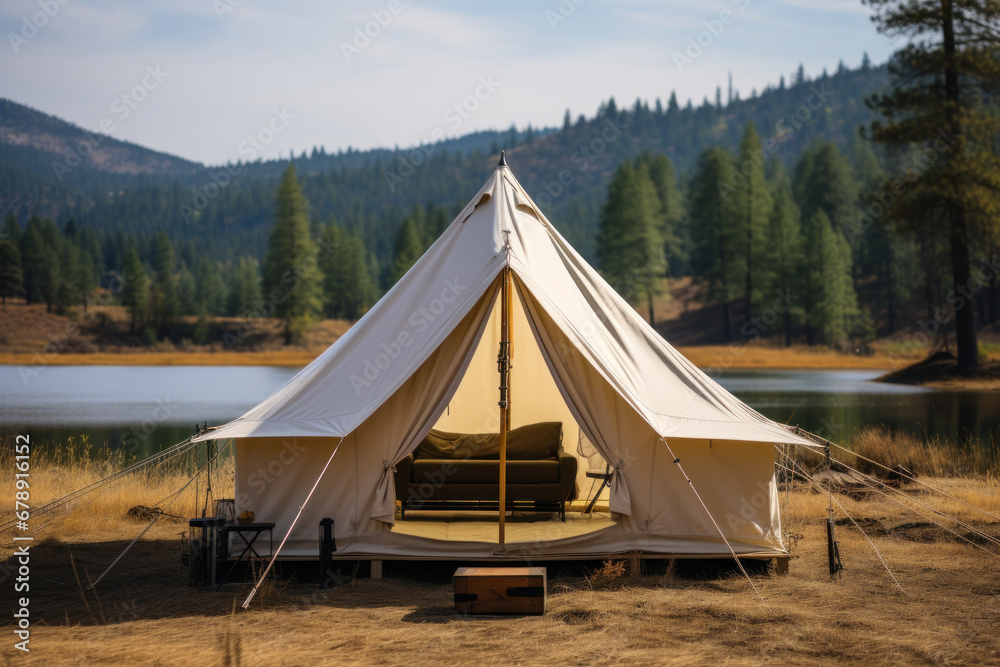 A blank canvas tent in the great outdoors, symbolizing the potential for camping or event mockups. Generative Ai.