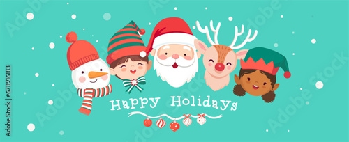 Happy Holidays horizontal banner with cute Santa Claus, snowman, elves and deer. Holiday cartoon character in winter season. Merry Christmas and happy new year greeting card. Vector © FoxyImage