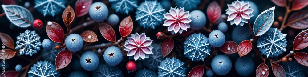 Abstract winter banner flowers, berries and snowflakes in frost drawn style, background for your design Abstract winter banner flowers, berries and snowflakes in frost drawn style, background for your design