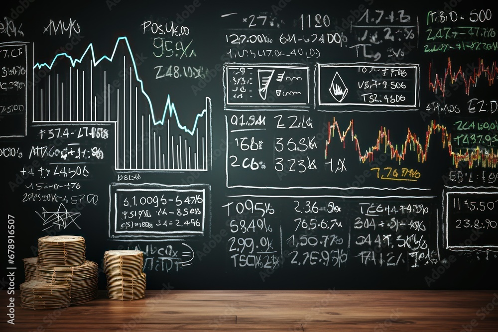 Finance educational concept, chalkboard with hand-drawn economics graphs, learning investment - obrazy, fototapety, plakaty 