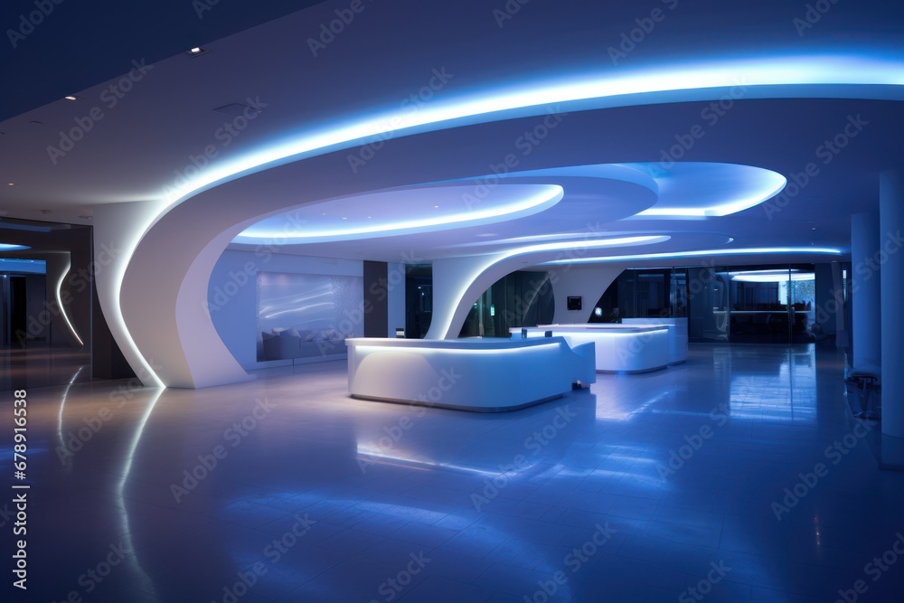 Futuristic lobby with dynamic LED lighting and minimalist decor.