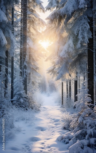 Snowy path in the forest at sunset. Beautiful winter landscape. © Dina