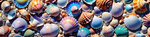 Abstract photorealistic banner multicolored sea shells, background for your design