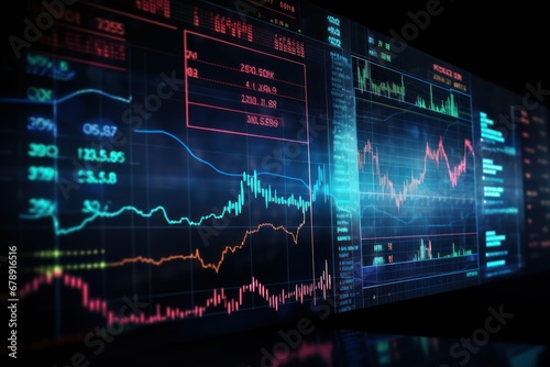 Fintech interface showing stock market data, futuristic financial analysis, algorithmic trading
