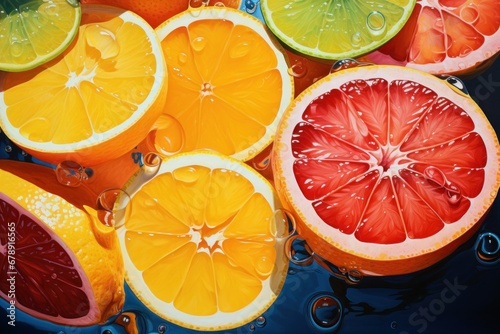 Glistening slices of citrus fruit with vibrant juicy segments