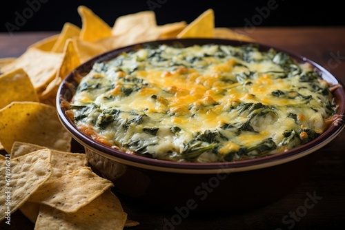 Hot and cheesy spinach artichoke dip with tortilla chips photo