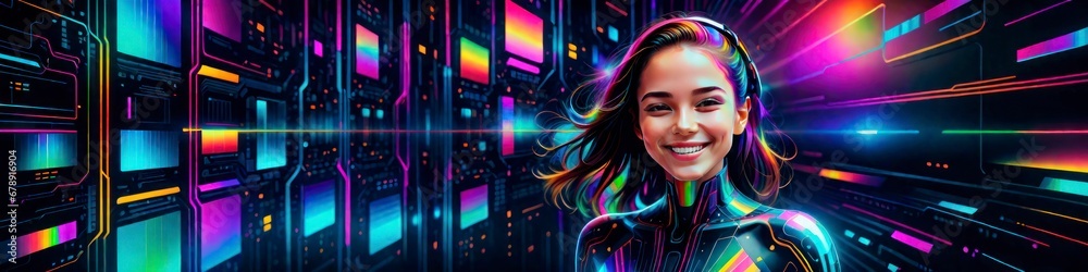 Abstract banner cheerful girl on glowing 3D background in cyberpunk style, concept Valentine's or birthday or Mother's Day or Women's Day.