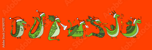 Greeting card design with funny Dragon characters in Santa hats. Symbol of Ch...