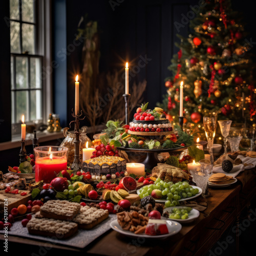 Christmas Table. Tableware, plates, cutlery and food. in close-up. Preparing for Christmas Eve dinner.