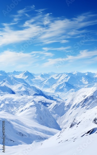 Beautiful winter mountains landscape with snow covered peaks and blue sky background