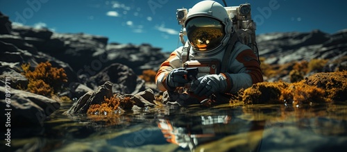 Astronaut sitting on a rock and holding a camera.