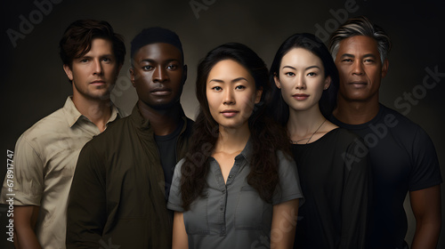 A professional studio portrait showcasing a group of five diverse adults, each with a unique expression, posed against a dark backdrop