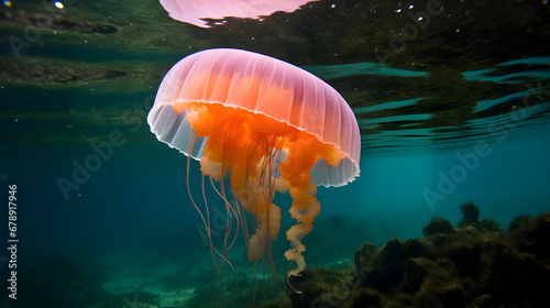 A small jellyfish swims just under the surface of the sea in Raja Ampat, Indonesia. Jellyfish are often found in substantial numbers, called a bloom of jellies.