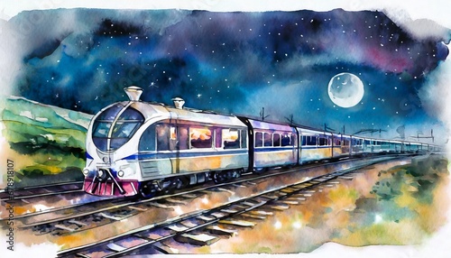 Midnight train on the rails watercolor art illustration photo