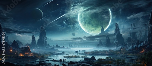 Fantasy landscape with planet and moon. © nahij