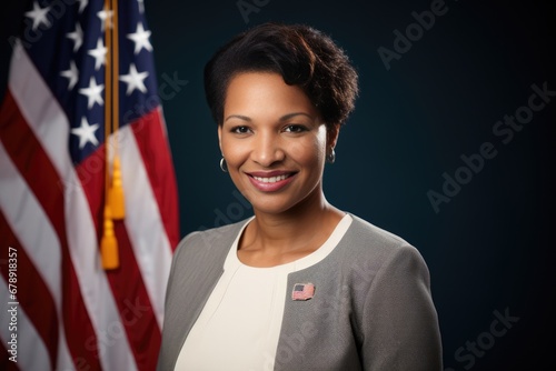 Portrait of an American female politician with a US flag in the background photo