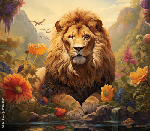 Male Lion Surrounded by Beautiful Flowers © LifeGemz