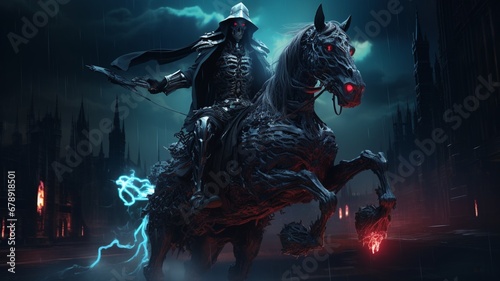 Skeleton wizard rides cyberpunk horse black night Ai generated art © Arabindu