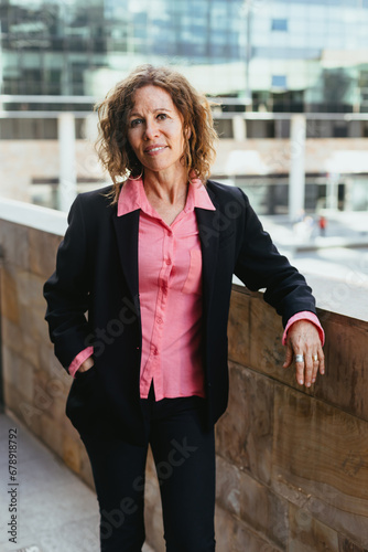 Businesswoman Outdoors: Mature Woman Over 50 Near Office Structure