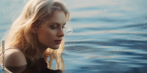 Beautiful blond young woman looking at her reflection in the water © Prasanth