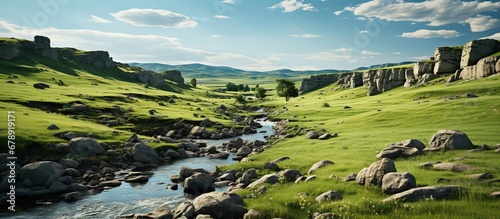 Panoramic view of a mountain river flowing through the grassland