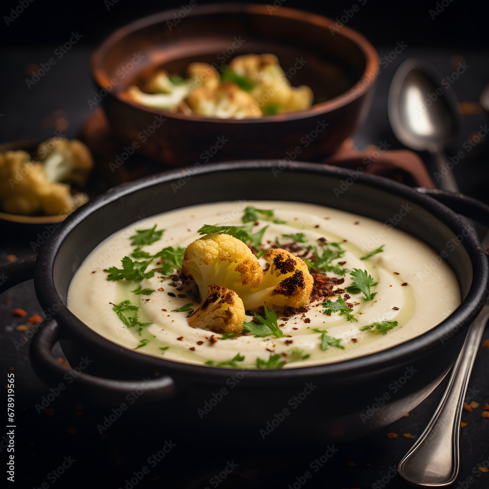 Vegan Roasted Garlic Cauliflower Soup, Vegan Roasted Garlic Cauliflower Soup, dark lighting, close up shot, food photography, low exposure, aesthetic photography, food photography.