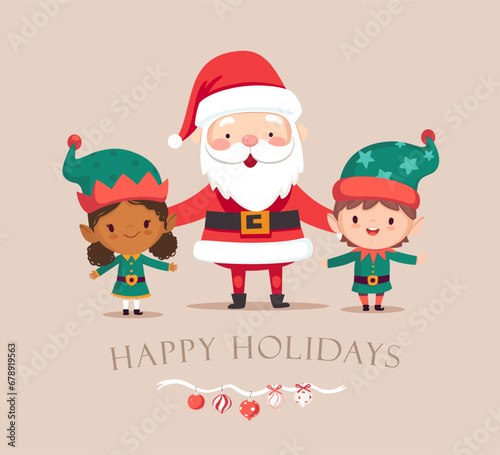 Little Christmas elves and Santa Claus together. Multicultural Little Santa's helpers and Santa Claus Set. Cartoon flat vector illustration.