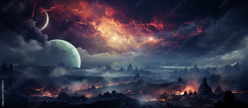 Fantasy landscape with ancient temples and huge moon.