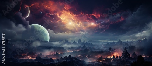 Fantasy landscape with ancient temples and huge moon.