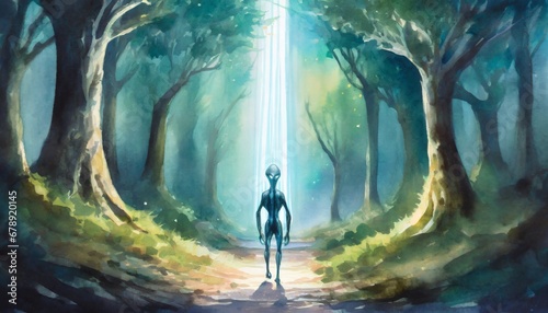 Alien coming through an illuminating time tunnel to a dark forest, painting, watercolor style art illustration photo