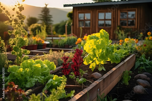 a contemporary garden, wooden raised beds are used to grow vegetables, herbs, spices, and flowers next to a wooden farmhouse in the countryside © AgungRikhi
