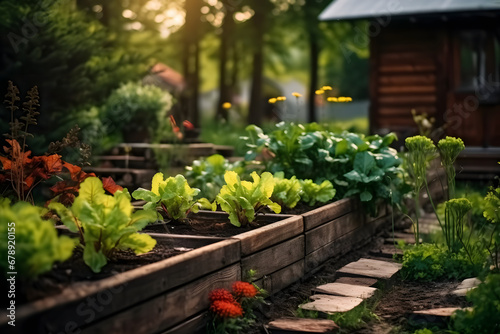 a contemporary garden, wooden raised beds are used to grow vegetables, herbs, spices, and flowers next to a wooden farmhouse in the countryside