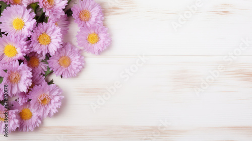 Asters on Wooden Background, Beautiful Flowers, Autumn Floral, Copy Space. Generative AI