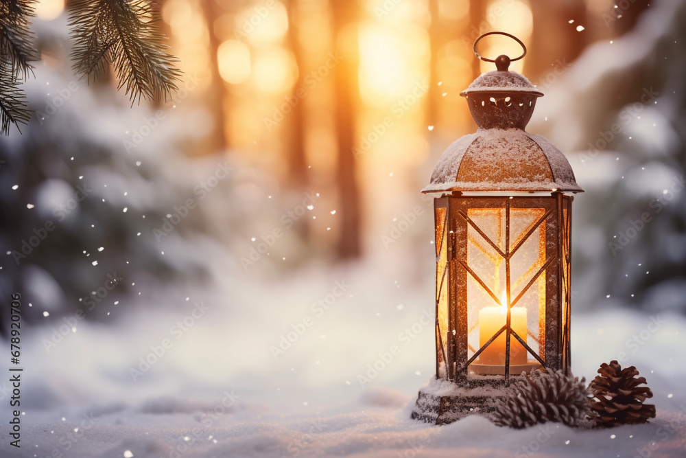 Christmas Lantern On Snow With Fir Branch In Evening Scene. High quality photo Christmas Lantern On Snow With Fir Branch In Evening Scene. High quality photo