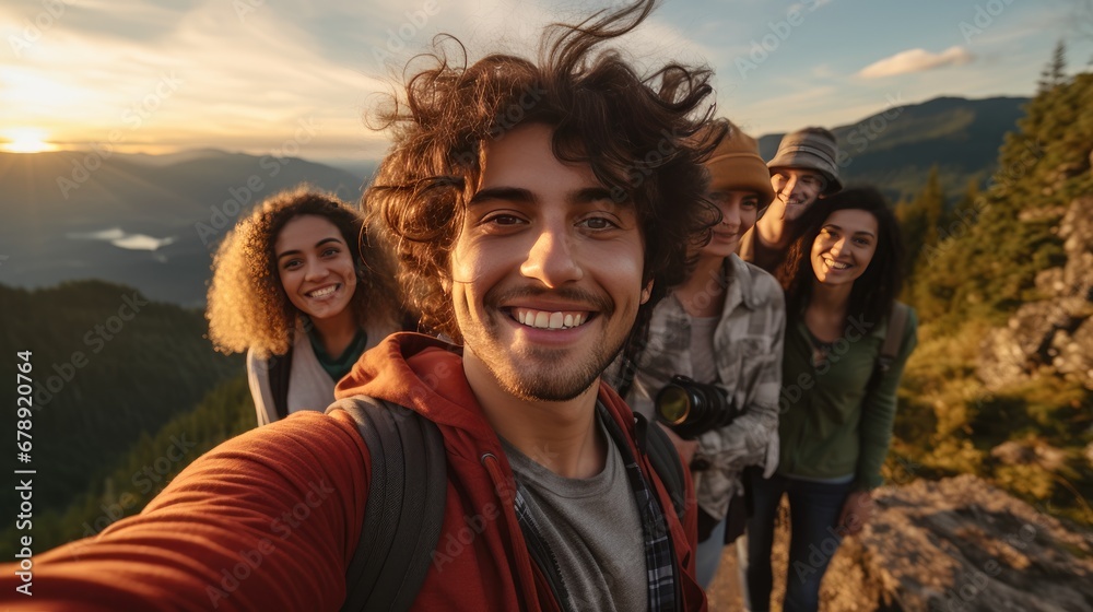 Male hiker taking a selfie with friends at the top of an overlook, concept of adventure and using technology outdoors