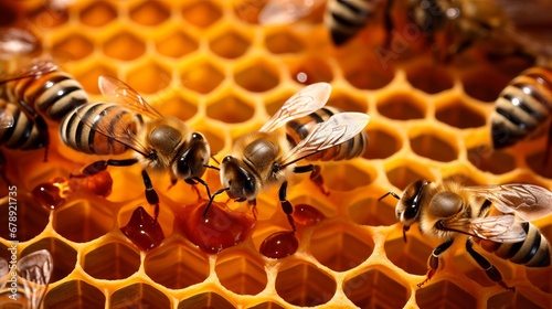 bee on honeycombs with honey slices nectar into cells. photo