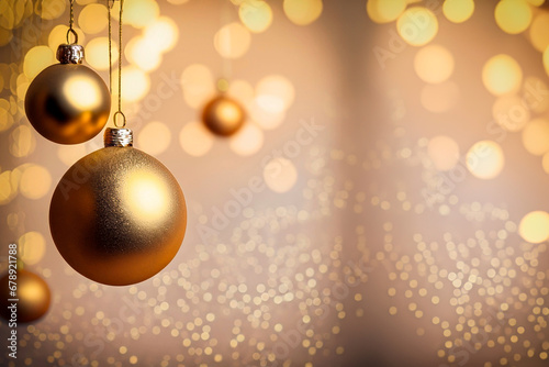 Christmas decorative golden spheres hanging on a background of defocused lights