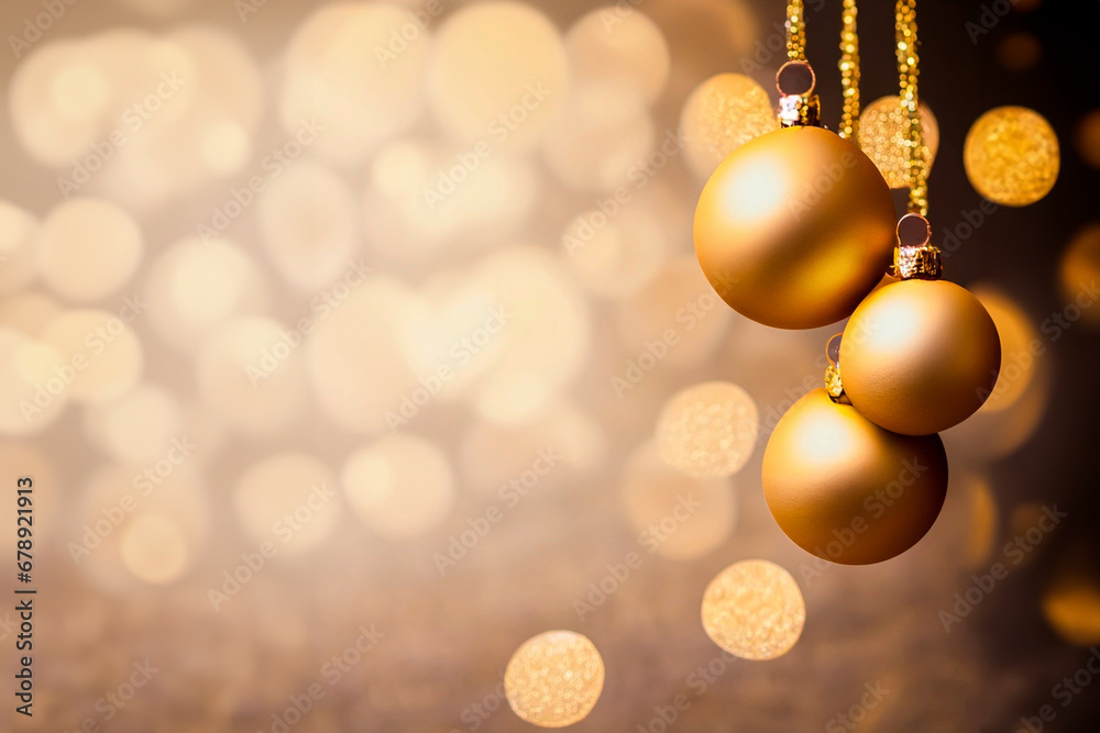 Christmas decorative golden spheres hanging on a background of defocused lights Christmas decorative golden spheres hanging on a background of defocused lights