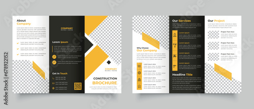 Construction trifold brochure template or company profile, home repair trifold brochure design