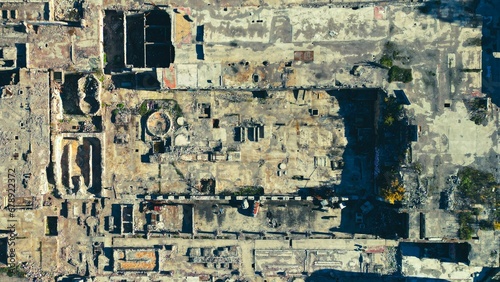 Aerial view of a ruined area seen on a bright sunny day
