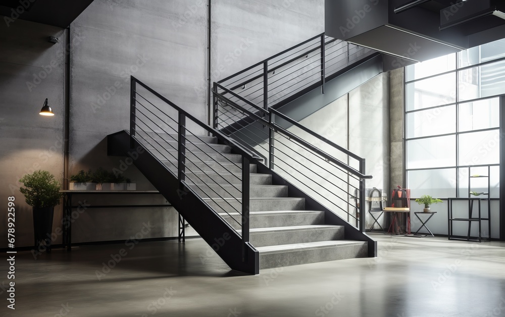 A modern stairwell in an industrial setting with metal railings and concrete steps. - obrazy, fototapety, plakaty 