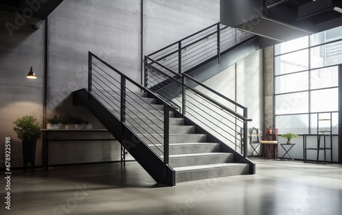 A modern stairwell in an industrial setting with metal railings and concrete steps.