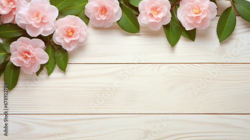 Camellias on Wooden Background, Beautiful Flowers, Spring Floral, Copy Space. Generative AI © BussarinK
