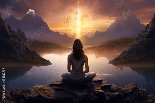 Woman meditates in yoga pose, sitting with her back amid serene cosmic landscape. Concept of deep connection with the Universe, finding peace, harmony and balance. Spiritual development. Zen Buddhism