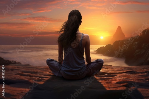 Brunette woman meditates, doing Yoga, sitting against backdrop of nature, mountains. Sunset. Wellness and fitness. Zen Buddhism. Concept of healthy lifestyle, mental health, balance, energy.