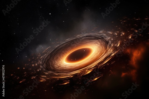 Big black hole in space in Universe, surrounded by rotating galaxies. Cosmic beauty and power. Black hole, like time vortex, absorbs and radiates light. Big Bang. Secrets of Cosmos and Universe. photo